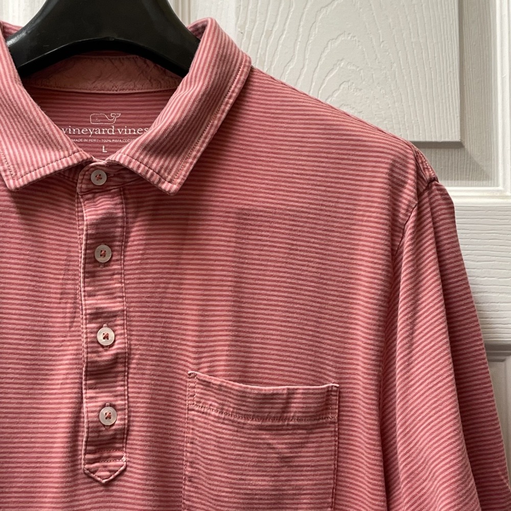 Vineyard Vines Men's Large Polo Shirt Red Striped 100% Pima Whale Preppy Pocket